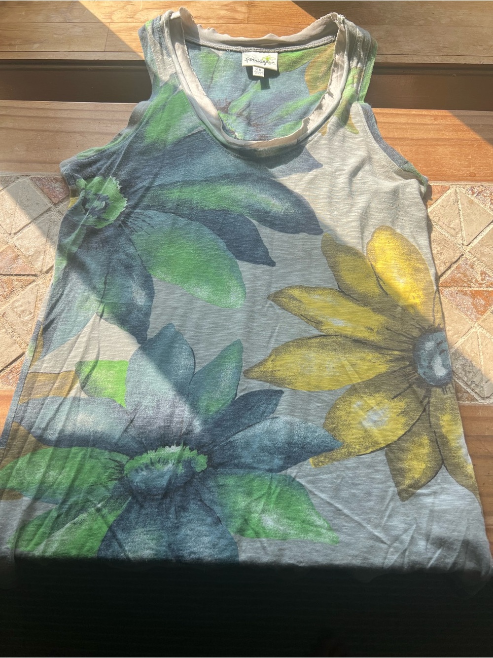 Porridge Gray Floral Print Knit Round Neck Sleeveless Tank Top Women’s XS # 409